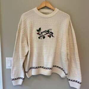 Cabela’s Women 2XL 100% Cotton Sweater, Birds, Berries, Winter, Christmas